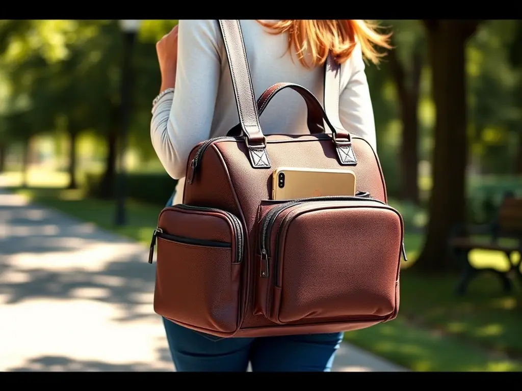 A lifestyle shot of a parent using the Elegant Diaper Bag, highlighting its stylish design and practical features.